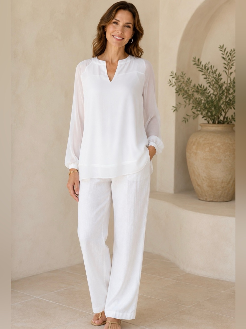 Cabi Allure Sheer Long Sleeve Flowy V-Neck Tunic Top High Low Blouse Size M